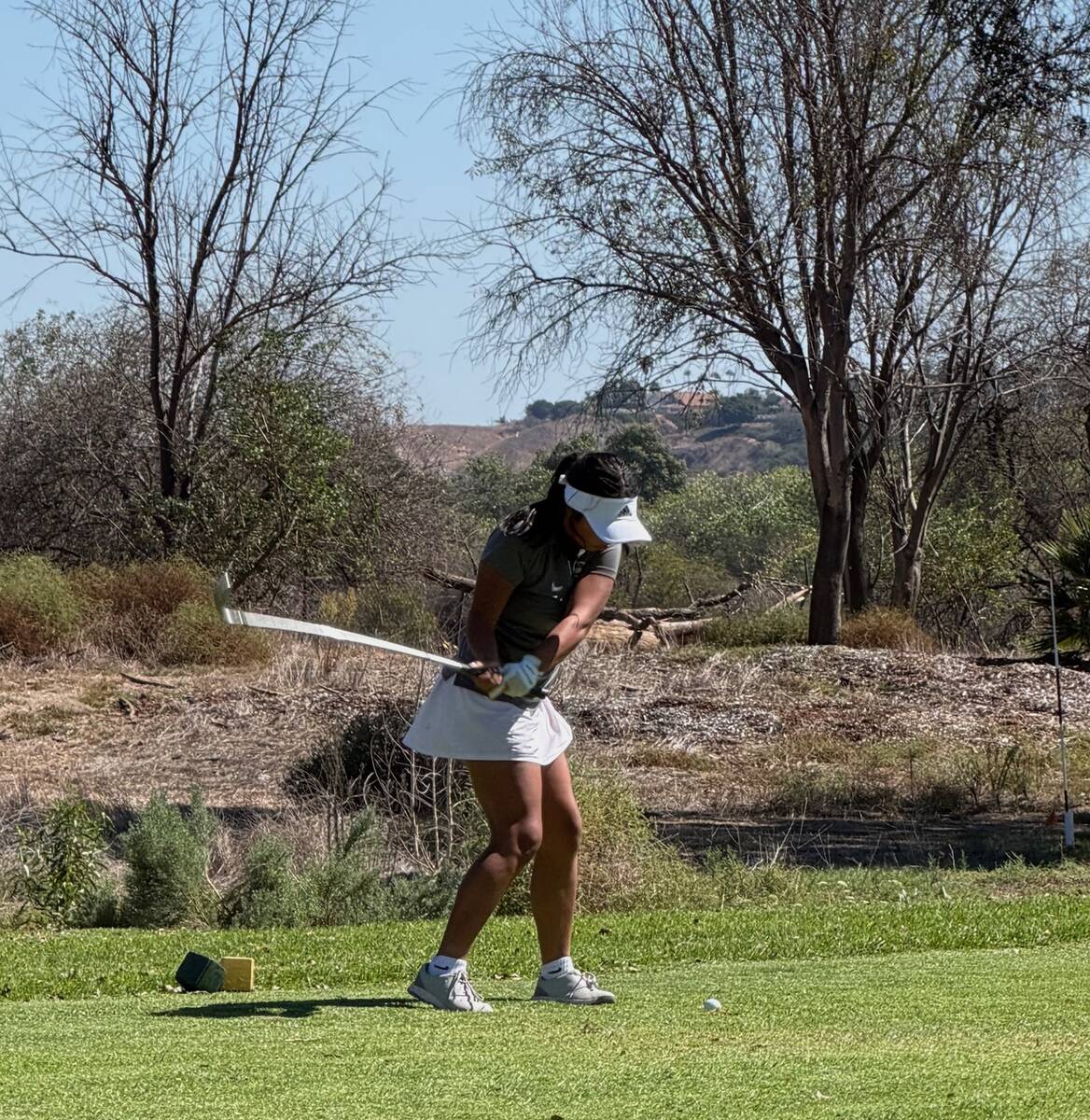 Pahrump Valley senior Natalie Soto hits from the tee box during a late-season round. Soto retur ...