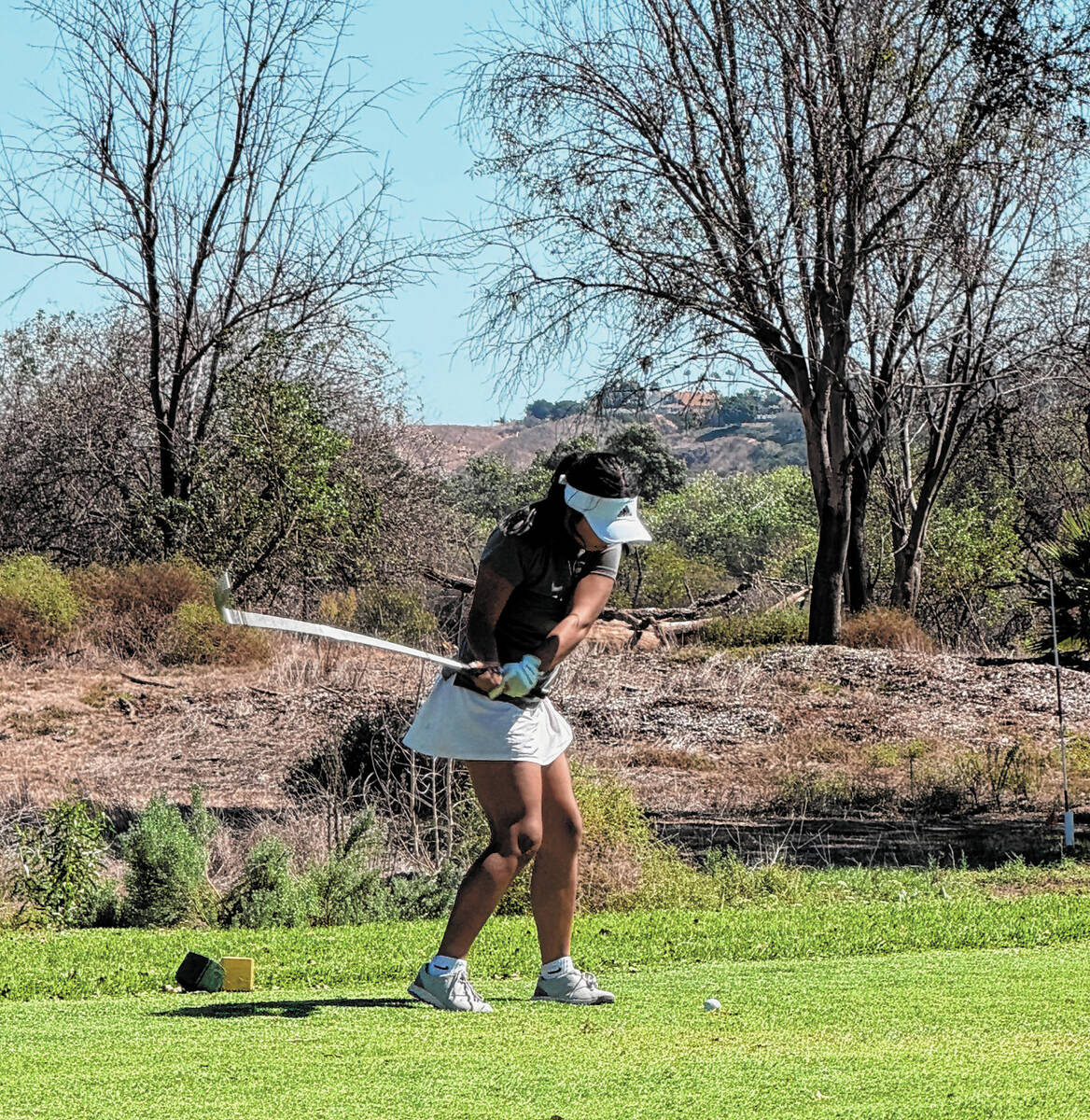 Pahrump Valley senior Natalie Soto hits from the tee box during a late-season round. Soto retur ...