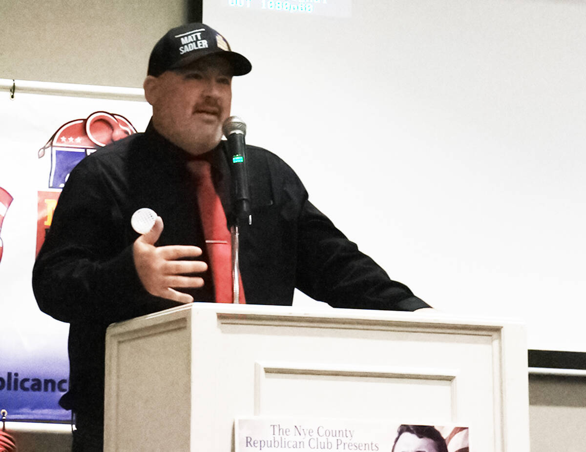 Matt Sadler, the Republican in the race for Nye County commissioner, District 5, spoke at the d ...