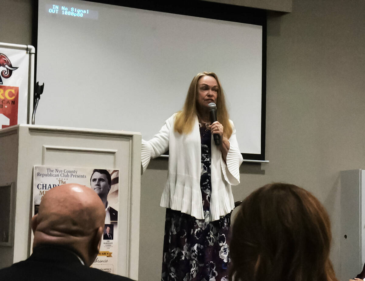 Republican nominee for Nye County commissioner, District 4 Debra Thomas speaks at the dinner. ( ...