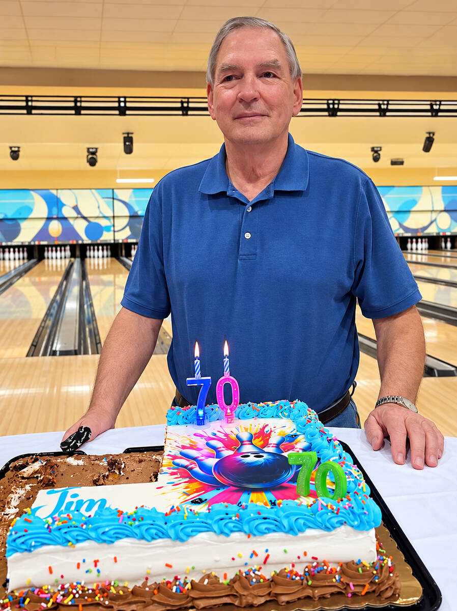 Jim Spear celebrates his 70th birthday on the lanes with a bowling-themed cake. (Randy Gulley/S ...