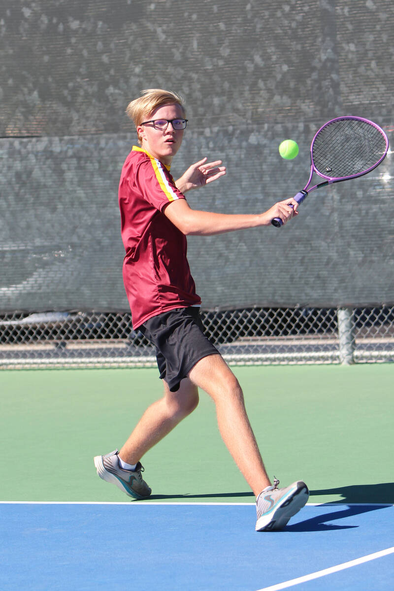Pahrump Valley senior Bryce Dykstra prepares to hit a forehand during the Class 3A Southern Reg ...