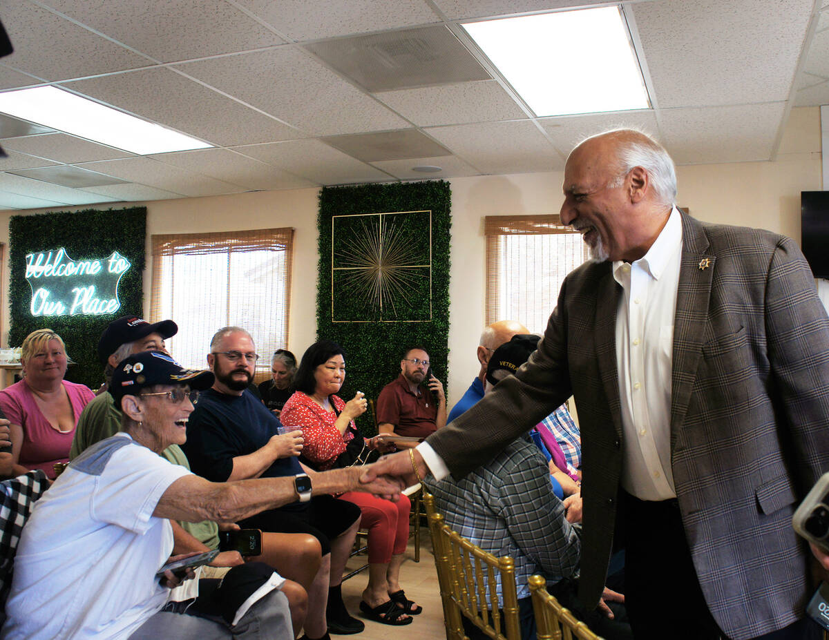 Lt. Gov. Stavros Anthony greets an audience member at the voter ID rally in Pahrump on Monday, ...