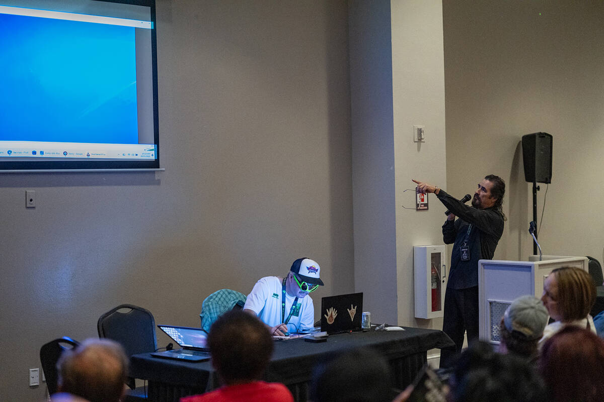 Local ufologist Joseph De La Torre, also known as the Pahrump Alien Guy, presenting at the 2026 ...