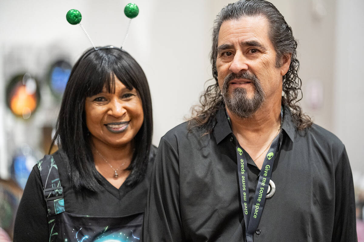 Bridjette Whaley (left) and Joseph De La Torre (right) at the 2026 Pahrump Alien Conference. (J ...