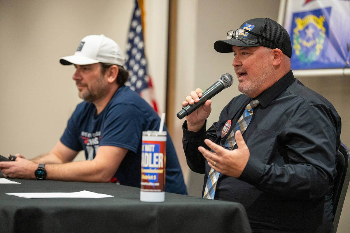 Republican nominee for District 5 commissioner Matt Sadler answering a question at the Nye Coun ...