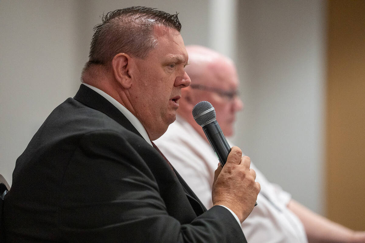 Pahrump justice of the peace, Department B candidate Scott Oakley speaks to the attendees at th ...