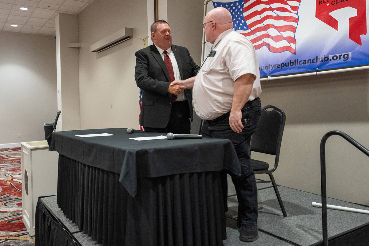 Pahrump justice of the peace, Department B candidate Scott Oakley (left) and current pro tem ju ...