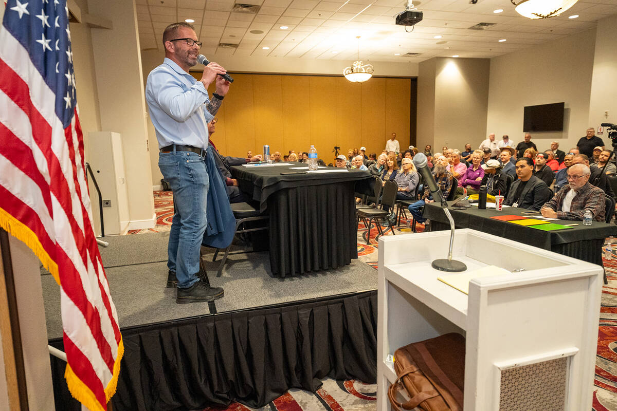 Dan Pineau, the challenger in the race for Nye County sheriff, addresses the audience at the Ny ...